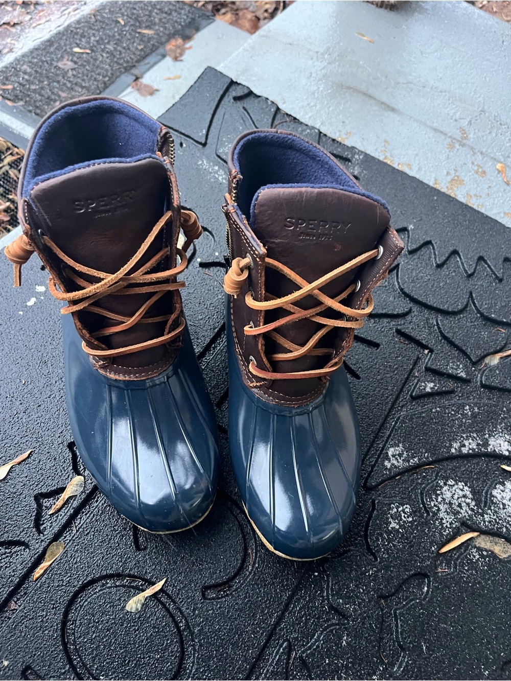 Sperry Navy and Brown Kids Rain Boots with Tan Laces